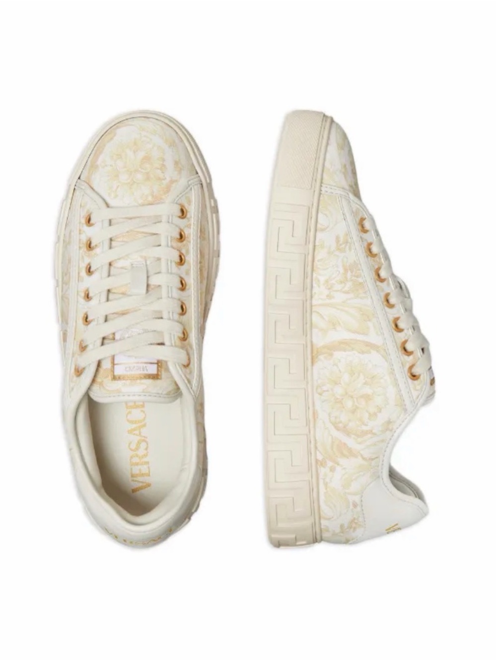 Authentic Versace Cream and Gold Baroque Low-Top Sneakers with Dust Bag